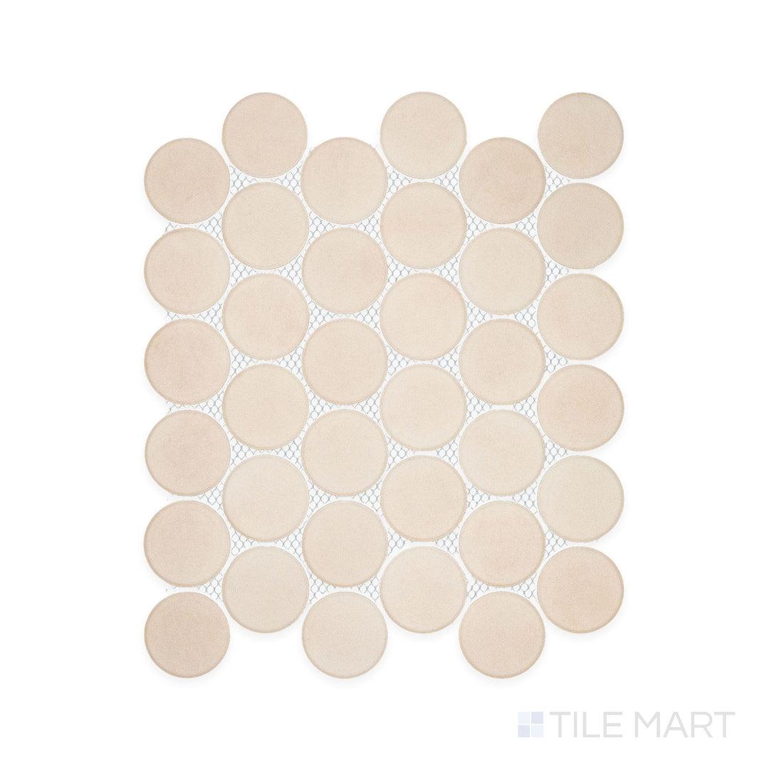 Aerial view of Amuri Avorio 2" Round Matte Porcelain Mosaic Tile featuring soft ivory circular mosaics arranged in a neat pattern with a smooth matte finish.