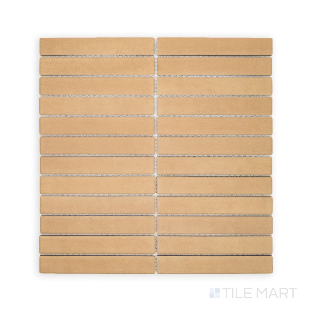 Flat lay of Amuri Biscotto 1x6 Grid Matte Porcelain Mosaic Tile featuring warm biscuit-colored rectangular tiles aligned in a clean, linear grid.