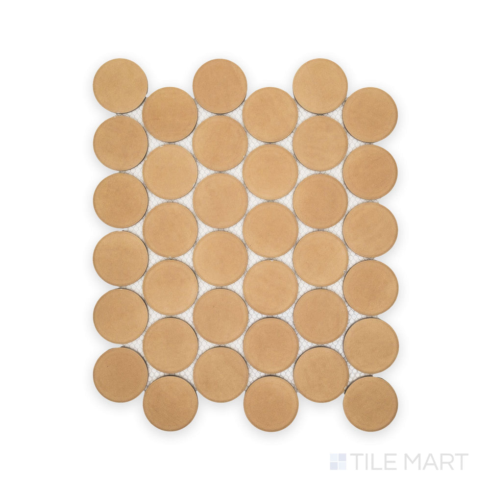 Direct view of Amuri Biscotto 2" Round Matte Porcelain Mosaic Tile showcasing round biscuit-tone chips in a consistent layout with a matte porcelain finish.