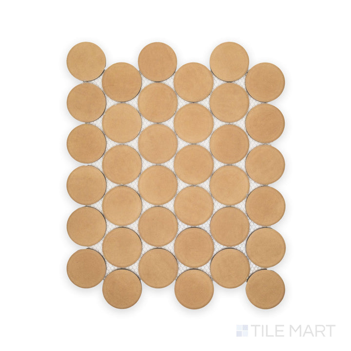 Direct view of Amuri Biscotto 2" Round Matte Porcelain Mosaic Tile showcasing round biscuit-tone chips in a consistent layout with a matte porcelain finish.