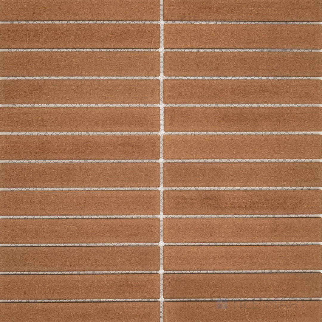 Amuri Cotto 1x6 Grid Matte Porcelain Mosaic Tile appears in an overview view that showcases its earthy red tones, structured grid layout, and modern matte finish.