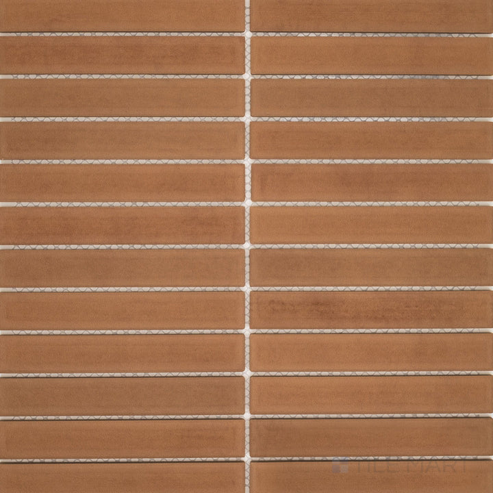 Amuri Cotto 1x6 Grid Matte Porcelain Mosaic Tile appears in an overview view that showcases its earthy red tones, structured grid layout, and modern matte finish.