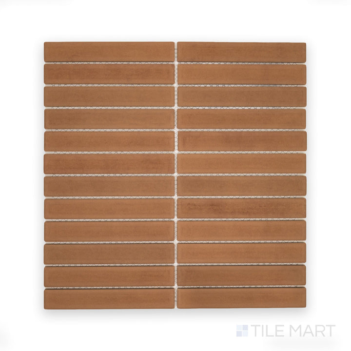 Top view of Amuri Cotto 1x6 Grid Matte Porcelain Mosaic Tile highlighting earthy terracotta hues in a rectangular grid pattern with a matte finish.