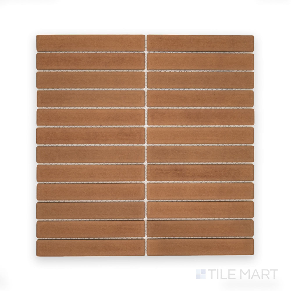 Top view of Amuri Cotto 1x6 Grid Matte Porcelain Mosaic Tile highlighting earthy terracotta hues in a rectangular grid pattern with a matte finish.