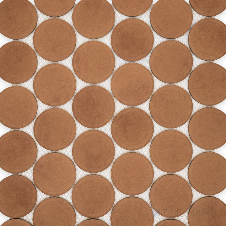 The overview of Amuri Cotto 2-Inch Round Matte Porcelain Mosaic Tile brings out its terracotta-inspired color, subtle circular pattern, and soft matte porcelain surface.