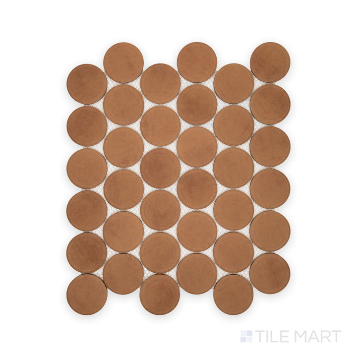 Plan view of Amuri Cotto 2" Round Matte Porcelain Mosaic Tile showing deep red-brown circles in a uniform mosaic layout with matte surface.
