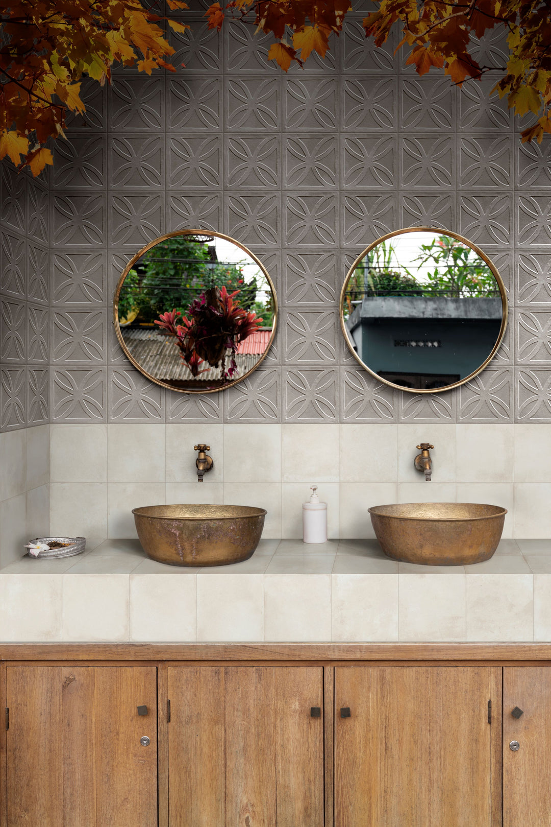 Bathroom with two round mirrors, brass sinks, and wooden cabinets, elevated by Amuri Avorio 8x8 Matte Porcelain Tile for a clean and refined finish.