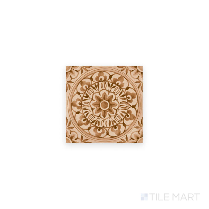 Aerial view of Amuri Decoro Pizzo Biscotto 8x8 Matte Porcelain Tile with biscuit-toned background and elegant decorative detailing in matte porcelain.