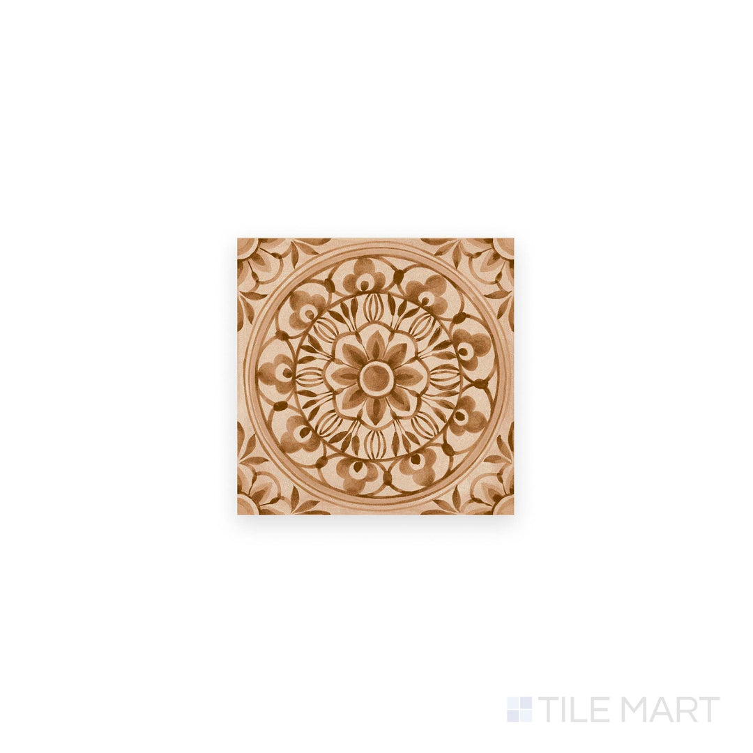 Aerial view of Amuri Decoro Pizzo Biscotto 8x8 Matte Porcelain Tile with biscuit-toned background and elegant decorative detailing in matte porcelain.