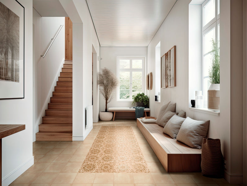 Modern living room with wooden staircase, rug, and seating area, enhanced by Amuri Decoro Pizzo Biscotto 8x8 Matte Porcelain Tile for a cozy and decorative statement.