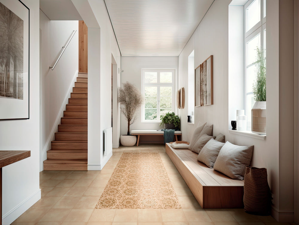 Modern living room with wooden staircase, rug, and seating area, enhanced by Amuri Decoro Pizzo Biscotto 8x8 Matte Porcelain Tile for a cozy and decorative statement.