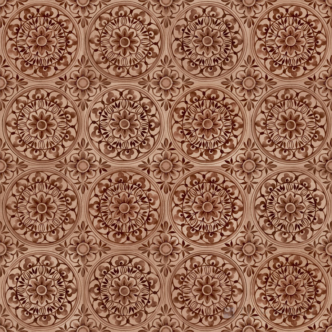 Amuri Decoro Pizzo Cotto 8x8 Matte Porcelain Tile is presented in an overview showcasing its patterned surface, terracotta backdrop, and artistic detailing suited for bold accents.