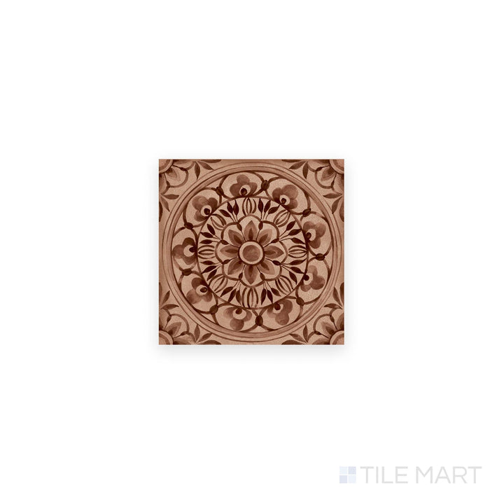 Top view of Amuri Decoro Pizzo Cotto 8x8 Matte Porcelain Tile featuring a warm red-brown base and intricate patterned design finished in matte texture.