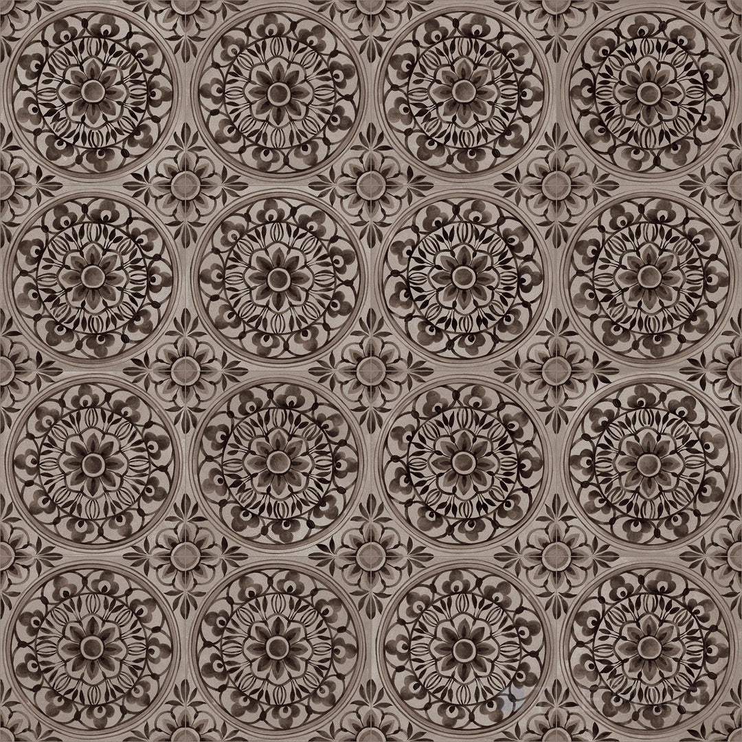 Styled with a vintage lace motif, the Amuri Decoro Pizzo Grigio 8x8 Matte Porcelain Tile overview highlights its soft gray tone and intricate matte-printed design.