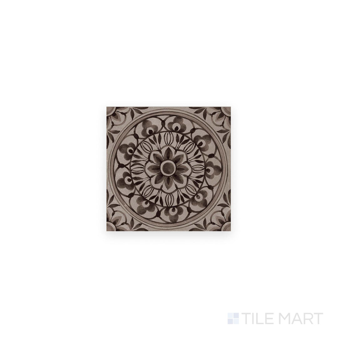 Flat lay of Amuri Decoro Pizzo Grigio 8x8 Matte Porcelain Tile with a soft gray background and refined lace-style detailing in a matte finish.