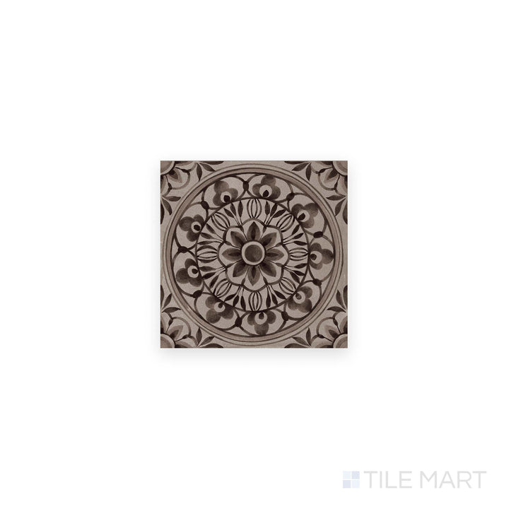 Flat lay of Amuri Decoro Pizzo Grigio 8x8 Matte Porcelain Tile with a soft gray background and refined lace-style detailing in a matte finish.