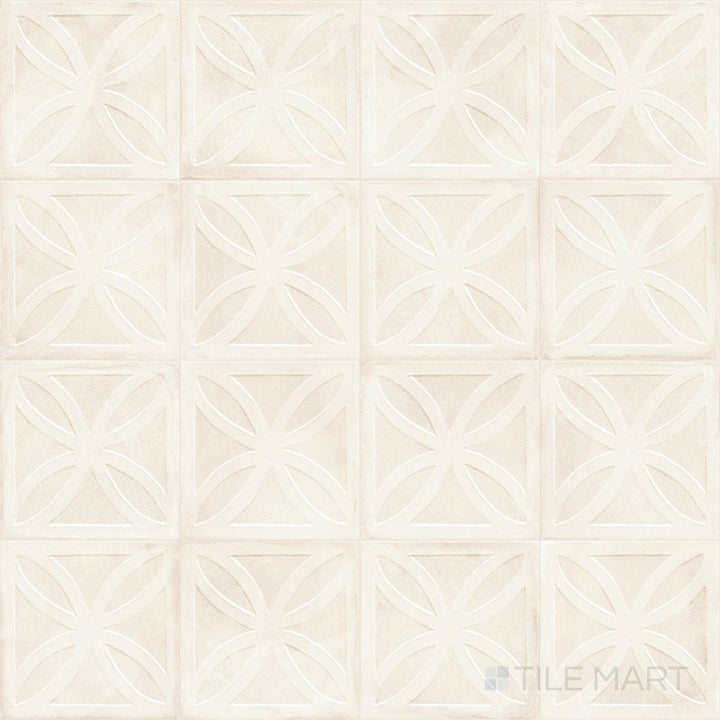 The Amuri Struttura 3D Gelosia Avorio 8x8 Matte Porcelain Tile is featured in an overview focusing on its raised geometric texture and ivory color in a contemporary matte finish.