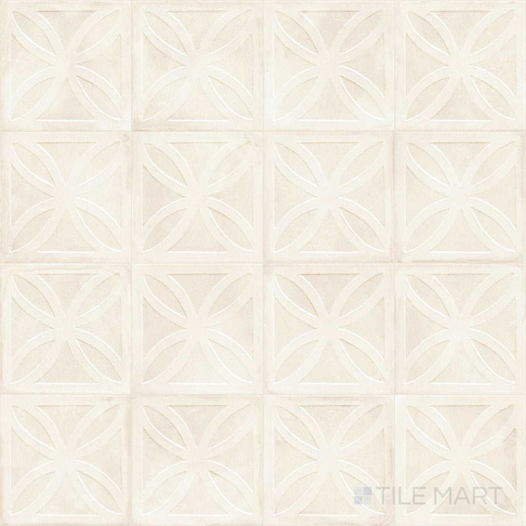 The Amuri Struttura 3D Gelosia Avorio 8x8 Matte Porcelain Tile is featured in an overview focusing on its raised geometric texture and ivory color in a contemporary matte finish.