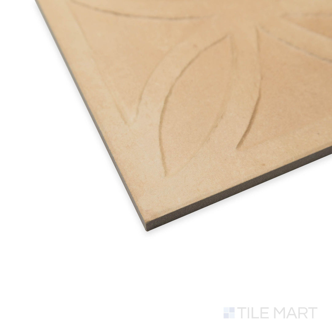 Angled view of Amuri Struttura 3D Gelosia Biscotto tile, revealing its textured surface in warm biscuit tones.