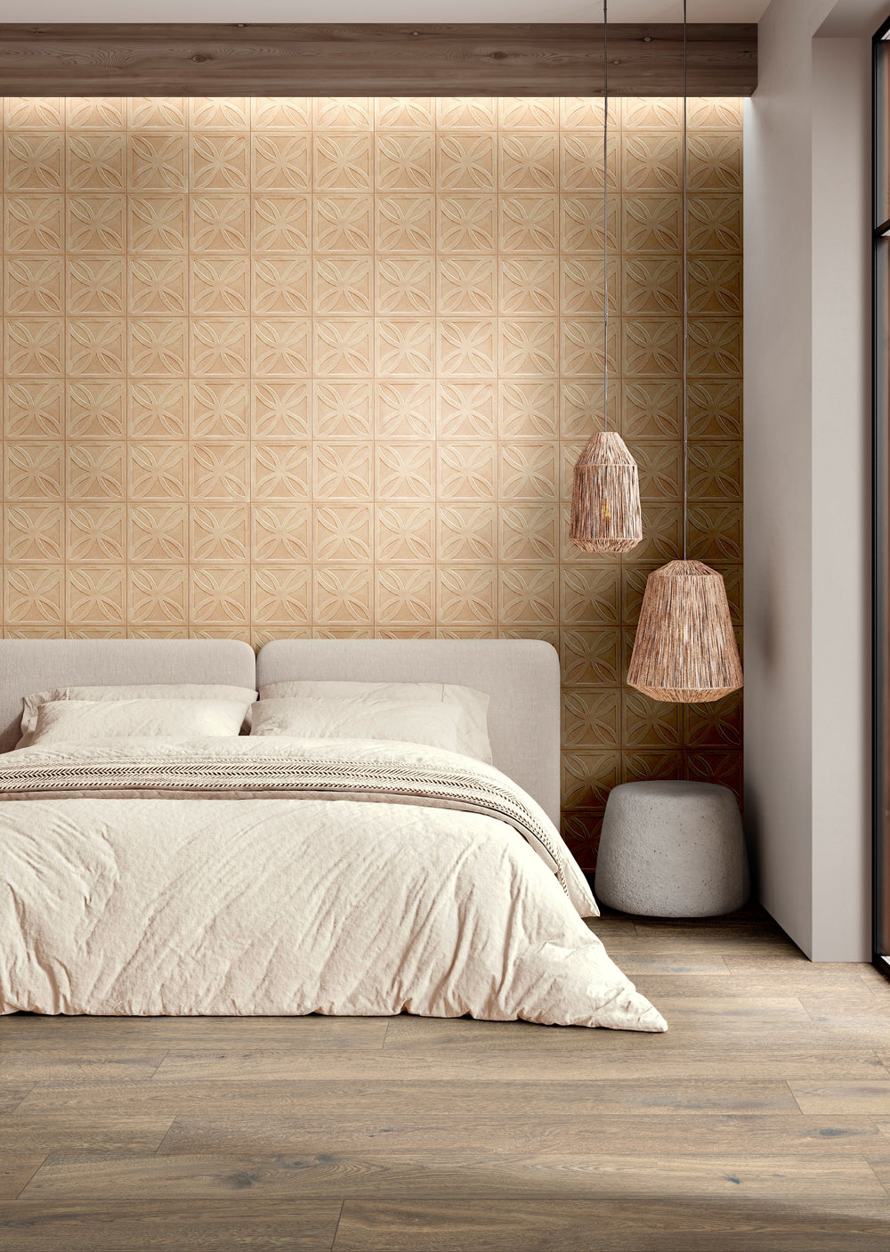 Modern bedroom with wooden floor, bed, and decorative wall lights, complemented by Amuri Struttura 3D Gelosia Biscotto 8x8 Matte Porcelain Tile for a warm and textured focal point.