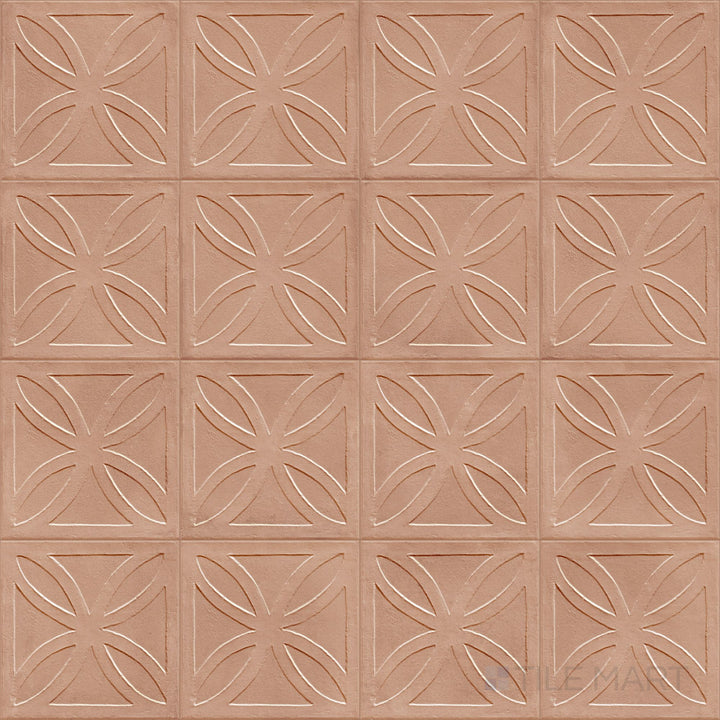 Amuri Struttura 3D Gelosia Cotto 8x8 Matte Porcelain Tile is shown in an overview that emphasizes its terracotta hue and structured surface with a soft matte finish.