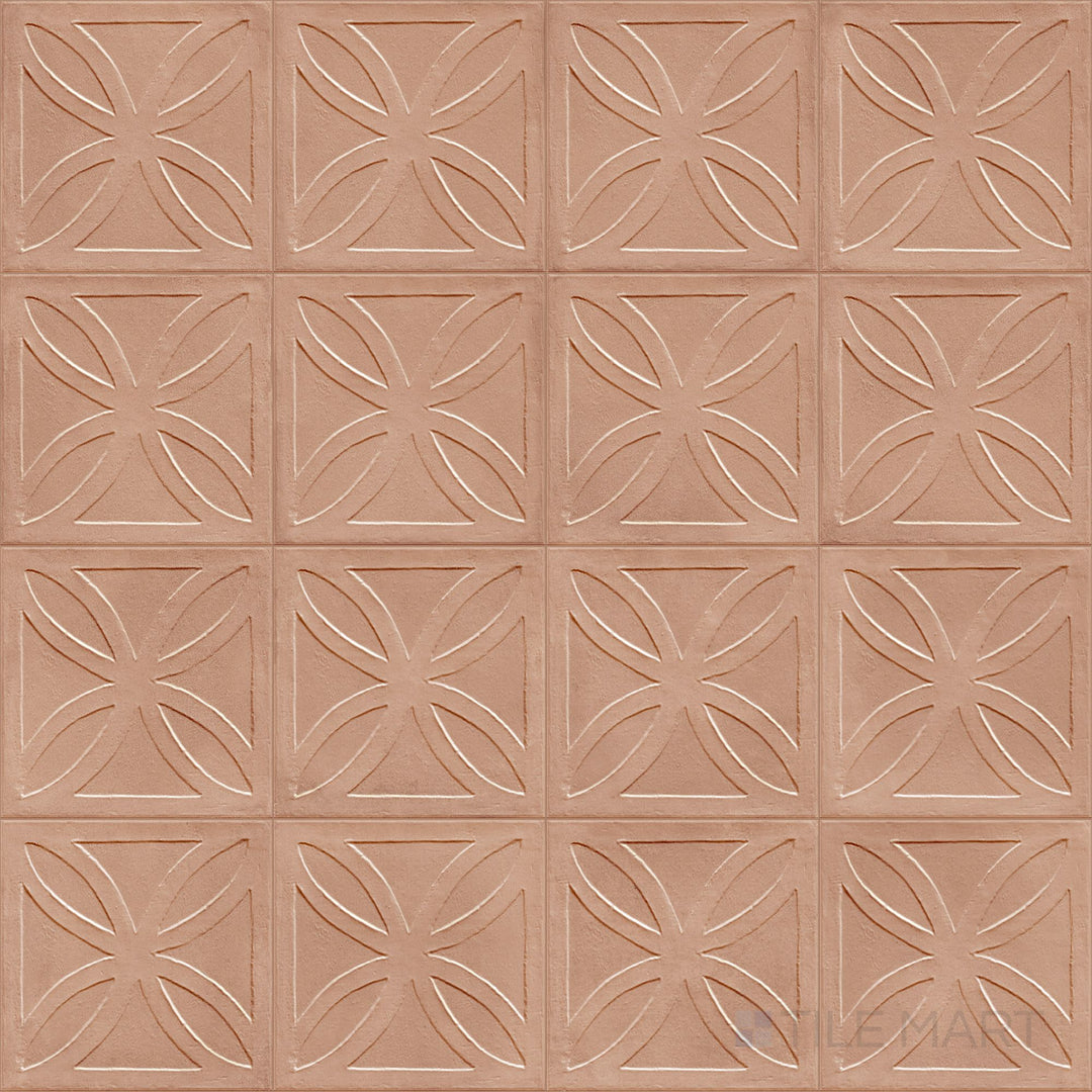 Amuri Struttura 3D Gelosia Cotto 8x8 Matte Porcelain Tile is shown in an overview that emphasizes its terracotta hue and structured surface with a soft matte finish.