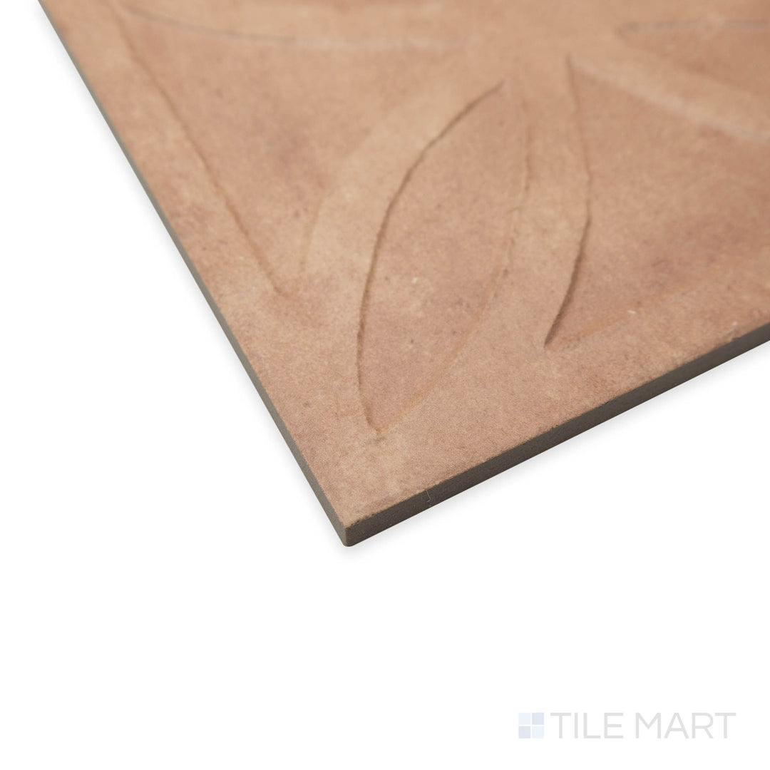 Corner detail of Amuri Struttura 3D Gelosia Cotto 8x8 tile emphasizing the three-dimensional lattice and rich terracotta color.