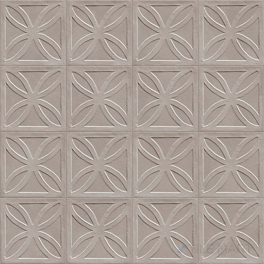 Presented in a detailed overview, the Amuri Struttura 3D Gelosia Grigio 8x8 Matte Porcelain Tile displays a raised pattern and cool gray tone, ideal for modern and textural wall applications.