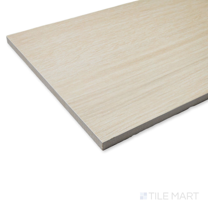 Angled corner image of Caila Rectified Maple 8x48 tile highlighting the warm maple wood look and linear plank style.