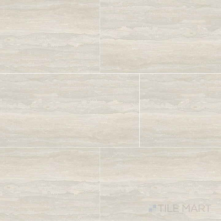 Overview shot of Dorset Vein Cut Bianco 12x24 Matte Porcelain Tile with soft white base, linear stone-look veining, and smooth matte finish perfect for bathrooms and kitchens.