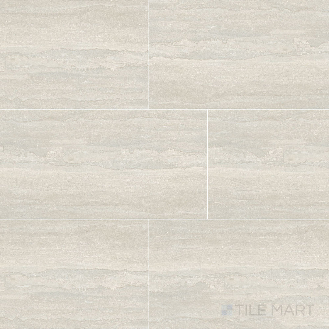 Overview shot of Dorset Vein Cut Bianco 12x24 Matte Porcelain Tile with soft white base, linear stone-look veining, and smooth matte finish perfect for bathrooms and kitchens.