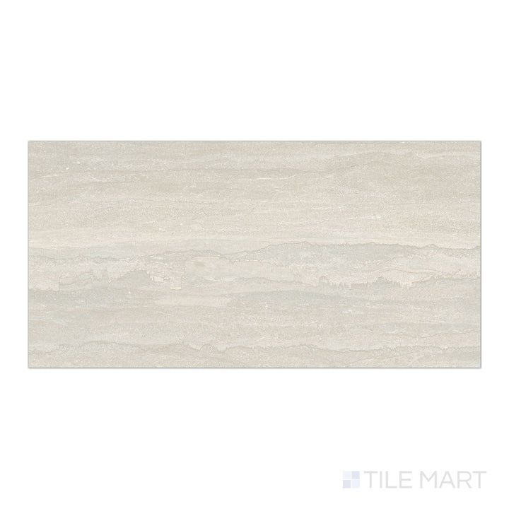 Top view of Dorset Vein Cut Bianco 12x24 Matte Porcelain Tile featuring creamy white stone-look veining and a soft matte finish ideal for modern settings.