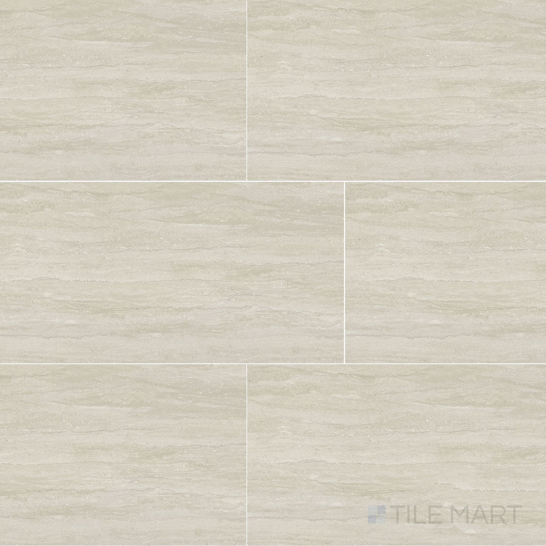 Overview shot of Dorset Vein Cut Beige 12x24 Matte Porcelain Tile highlighting neutral beige tones, horizontal veining, and a natural stone appearance with a matte surface.