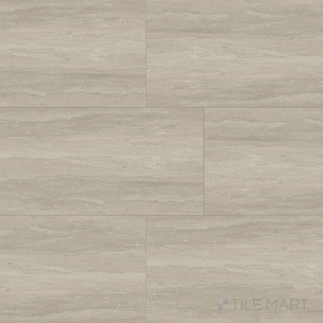 Overview shot of Dorset Vein Cut Tortora 12x24 Matte Porcelain Tile showing earthy taupe color, vein-cut stone pattern, and smooth matte finish suited for modern interiors.