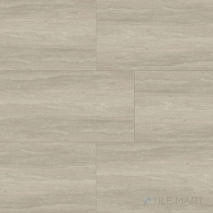 Overview shot of Dorset Vein Cut Tortora 12x24 Matte Porcelain Tile showing earthy taupe color, vein-cut stone pattern, and smooth matte finish suited for modern interiors.
