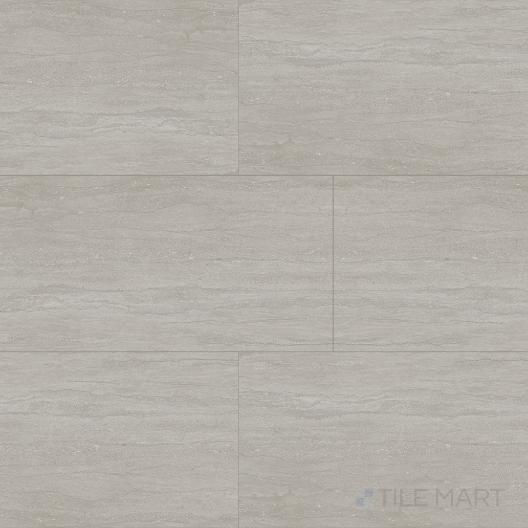 Overview shot of Dorset Vein Cut Cenere 12x24 Matte Porcelain Tile with cool gray tone, subtle horizontal veining, and a matte stone-look finish for modern interiors.