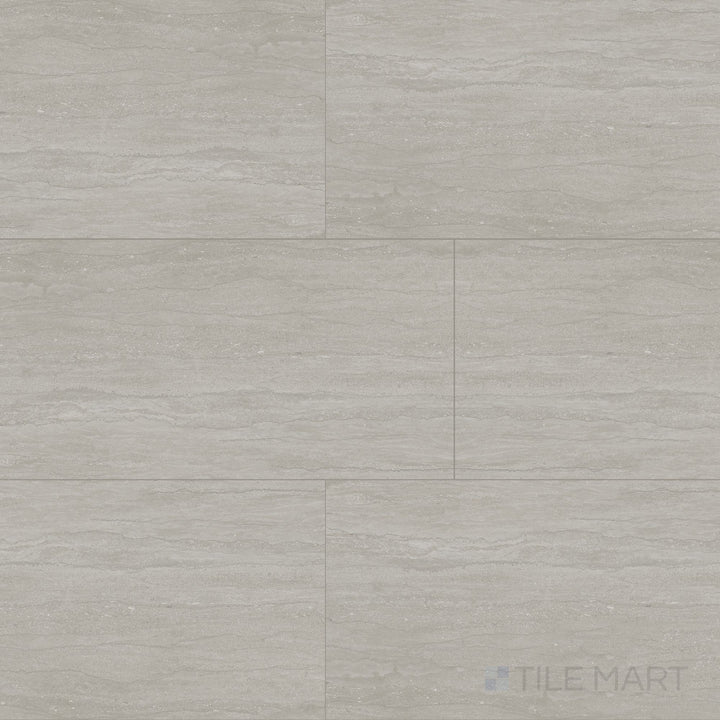 Overview shot of Dorset Vein Cut Cenere 12x24 Matte Porcelain Tile with cool gray tone, subtle horizontal veining, and a matte stone-look finish for modern interiors.