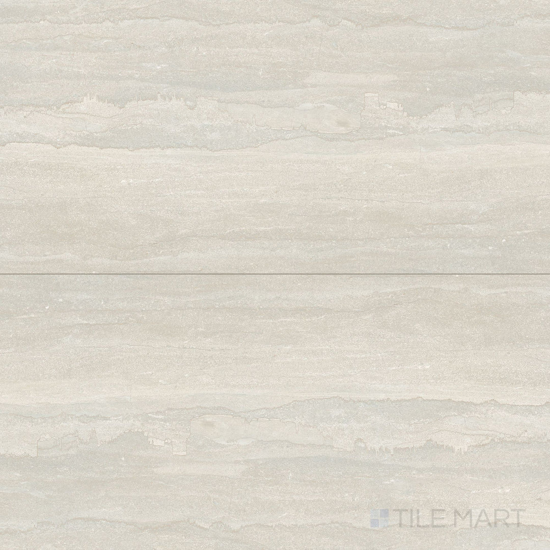 Overview shot of Dorset Vein Cut Bianco 24x48 Matte Porcelain Tile showcasing soft white coloring, vein-cut design, and large-format matte finish ideal for open spaces.