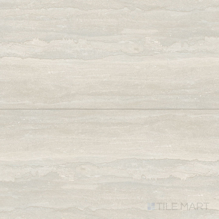 Overview shot of Dorset Vein Cut Bianco 24x48 Matte Porcelain Tile showcasing soft white coloring, vein-cut design, and large-format matte finish ideal for open spaces.