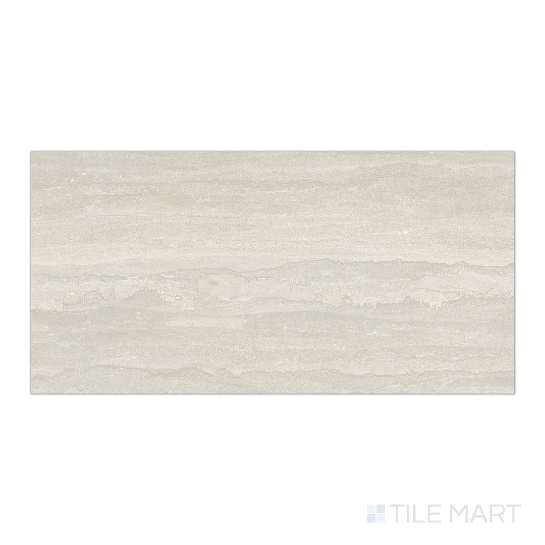 Tile face view of Dorset Vein Cut Bianco 24x48 Matte Porcelain Tile highlighting soft white surface, elongated format, and elegant stone-like movement.