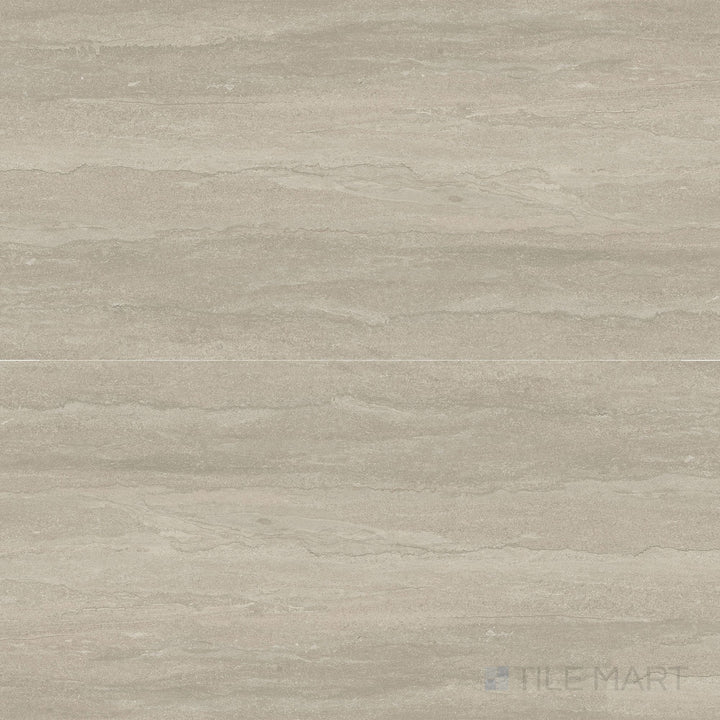 Overview shot of Dorset Vein Cut Tortora 24x48 Matte Porcelain Tile highlighting taupe color, linear stone texture, and elegant matte finish for contemporary walls and floors.