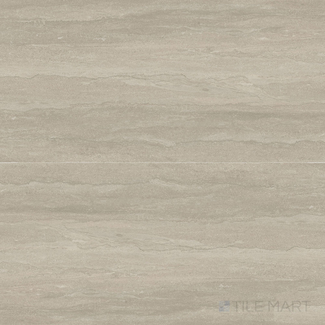 Overview shot of Dorset Vein Cut Tortora 24x48 Matte Porcelain Tile highlighting taupe color, linear stone texture, and elegant matte finish for contemporary walls and floors.