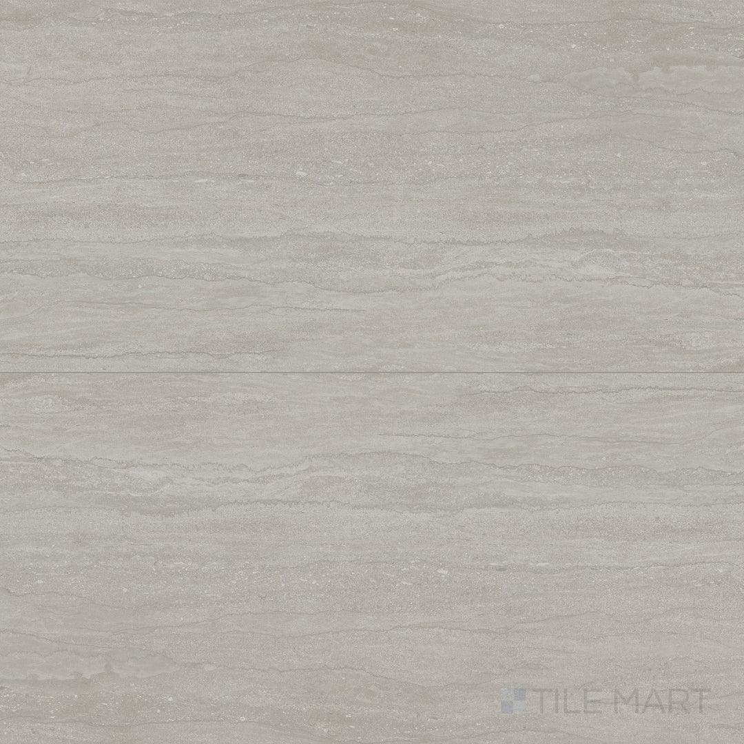 Overview shot of Dorset Vein Cut Cenere 24x48 Matte Porcelain Tile showing modern gray tones, vein-cut stone detail, and matte surface perfect for sleek architectural spaces.