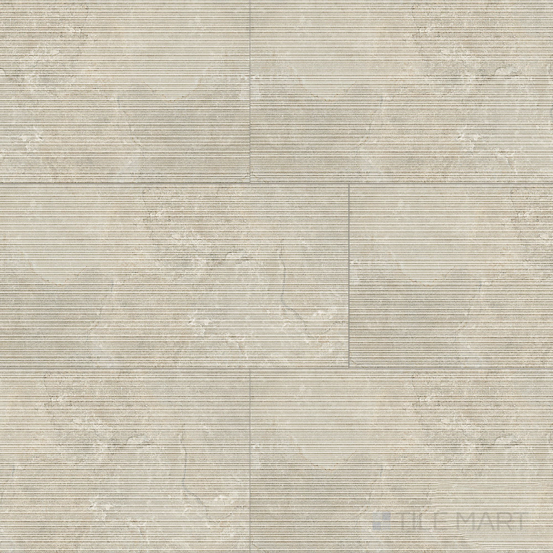 Overview shot of Dorset Ribbed Beige 24x48 Matte Porcelain Tile with structured linear texture, warm beige tones, and a matte finish that adds depth to feature walls.