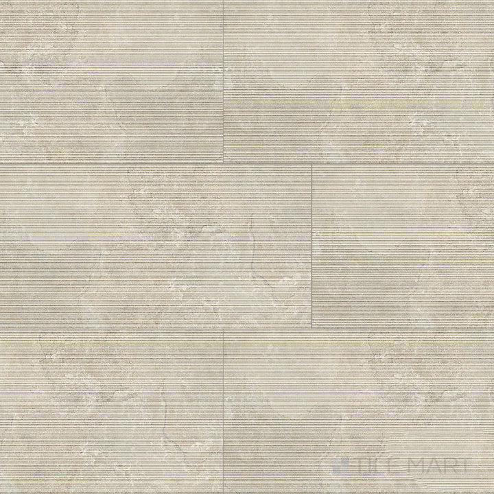 Overview shot of Dorset Ribbed Beige 24x48 Matte Porcelain Tile with structured linear texture, warm beige tones, and a matte finish that adds depth to feature walls.