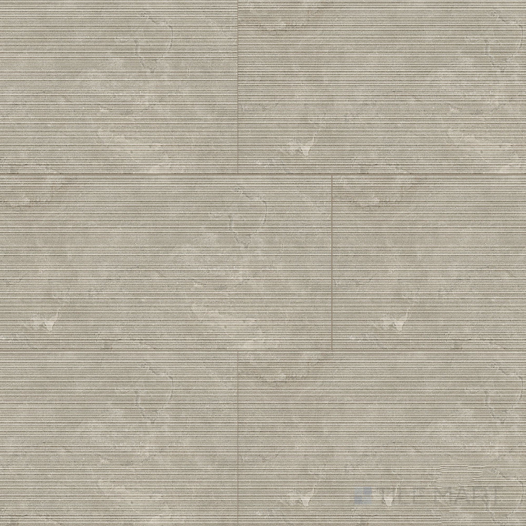 Overview shot of Dorset Ribbed Tortora 24x48 Matte Porcelain Tile highlighting its raised ribbed texture, taupe coloration, and modern matte surface for dimensional wall styling.