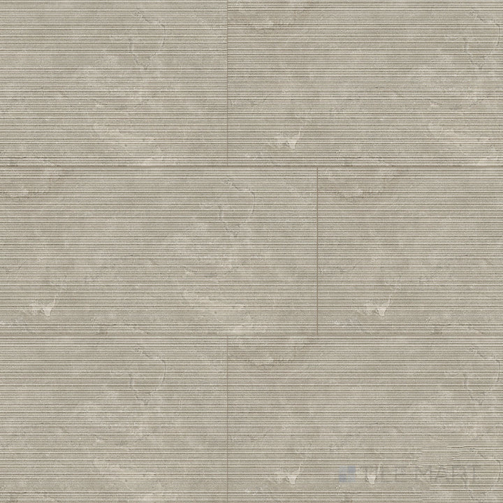 Overview shot of Dorset Ribbed Tortora 24x48 Matte Porcelain Tile highlighting its raised ribbed texture, taupe coloration, and modern matte surface for dimensional wall styling.