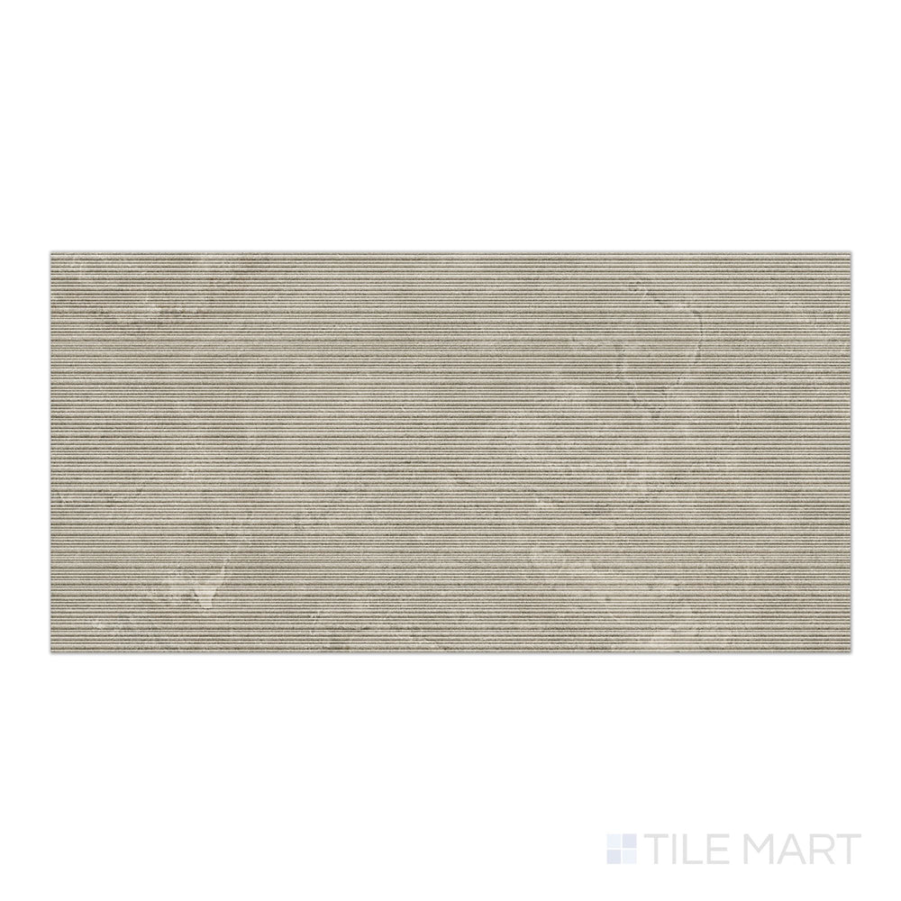 Tile face view of Dorset Ribbed Tortora 24x48 Matte Porcelain Tile emphasizing textured ridges and warm taupe hues with a matte stone look.