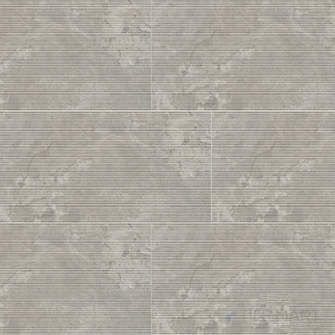 Overview shot of Dorset Ribbed Cenere 24x48 Matte Porcelain Tile showcasing cool gray ribbed design, contemporary surface detail, and a soft matte finish for modern aesthetics.