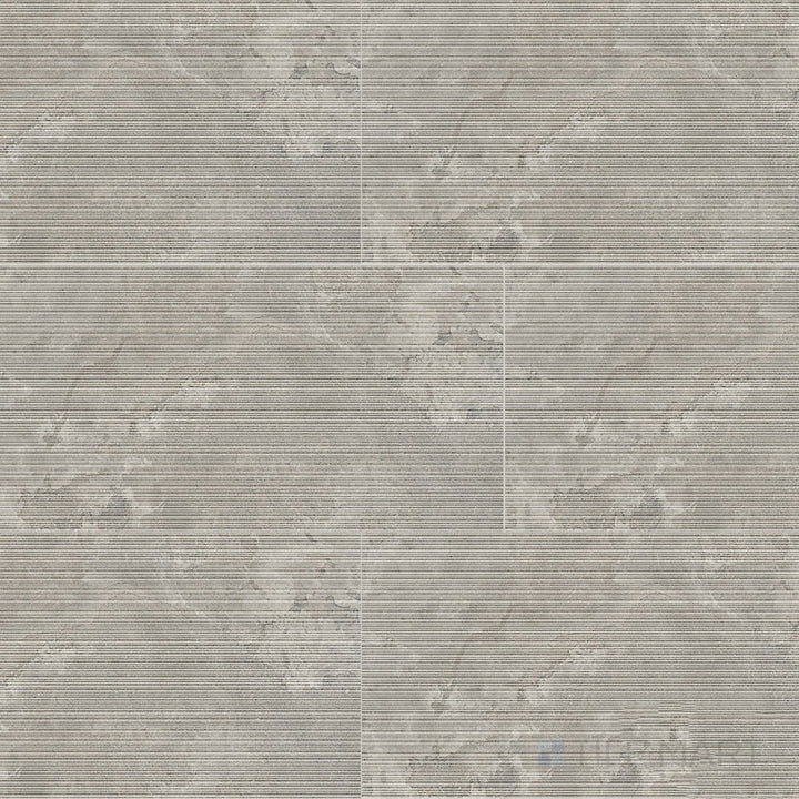 Overview shot of Dorset Ribbed Cenere 24x48 Matte Porcelain Tile showcasing cool gray ribbed design, contemporary surface detail, and a soft matte finish for modern aesthetics.